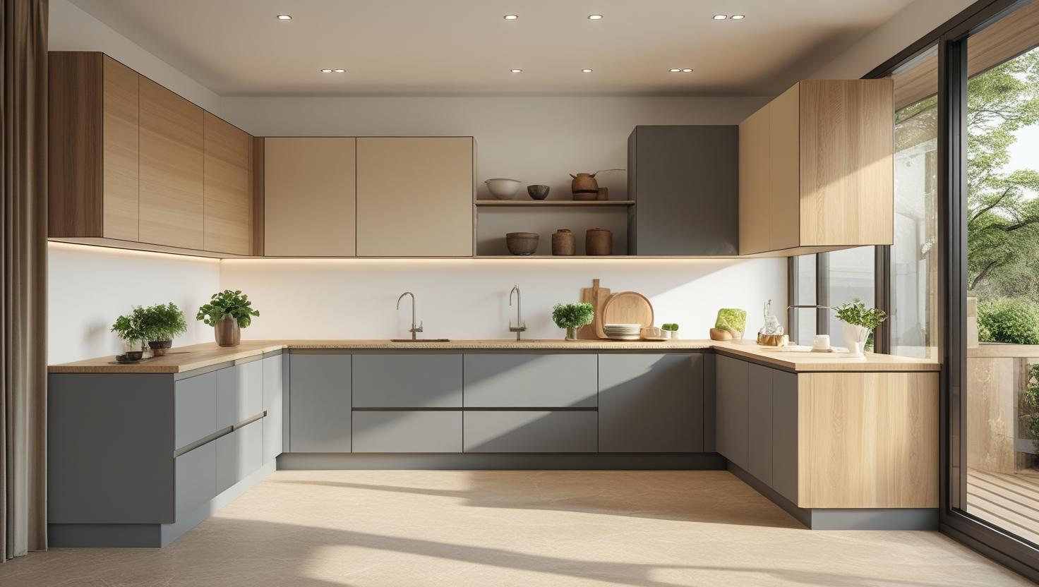 create a amazing kitchen modern, frameless, europe style, combinate color solid like a grey or almond color wiht light oak from Melaminetex (2)